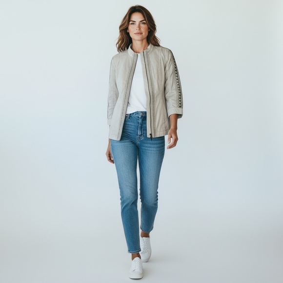 XCVI Wearables Neutral Beige Crochet Trim Sleeve Details Stretch Side Jacket S - Picture 1 of 16